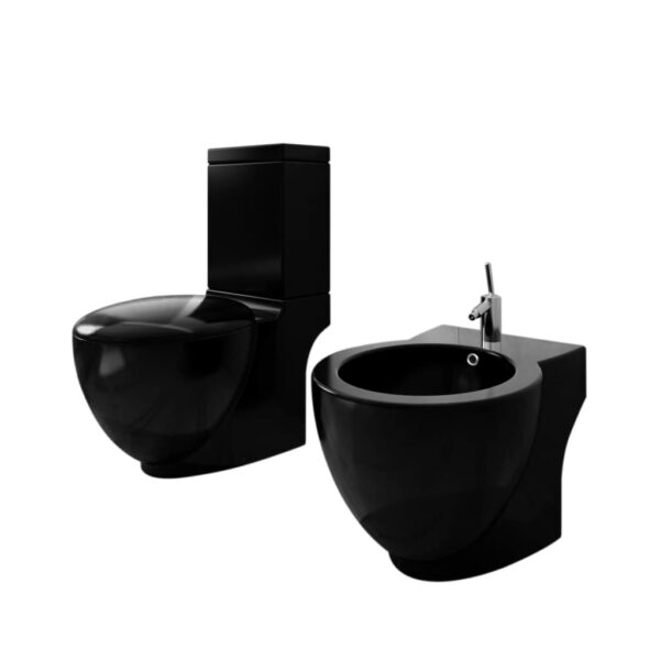 Stand Toilet  &  Bidet Set Black Ceramic