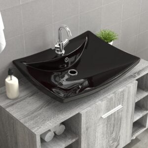 Black Luxury Ceramic Basin Rectangular with Overflow  &  Faucet Hole