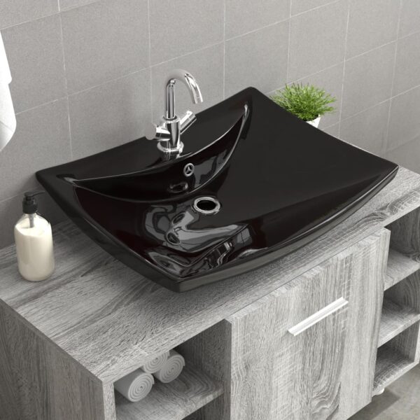 Black Luxury Ceramic Basin Rectangular with Overflow  &  Faucet Hole