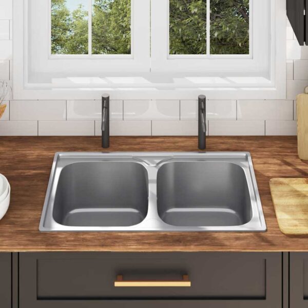 Kitchen Sink Double Basin with Strainer  &  Trap Stainless Steel