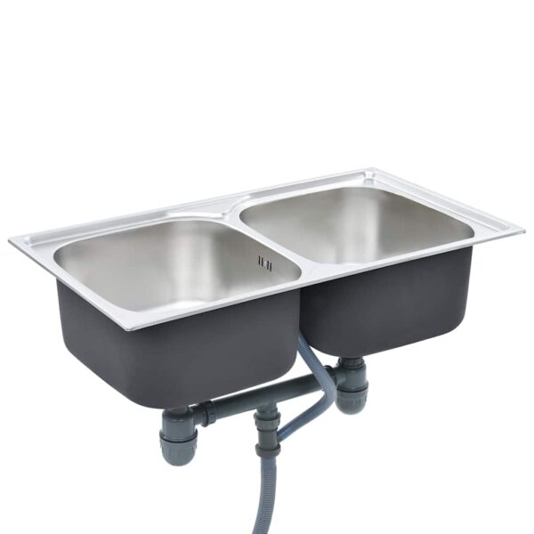 Kitchen Sink Double Basin with Strainer  &  Trap Stainless Steel