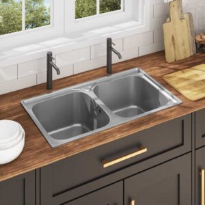 Kitchen Sink Double Basin with Strainer  &  Trap Stainless Steel