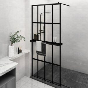 Walk-in Shower Wall with Shelf Black 100x195 cm ESG Glass & Aluminium