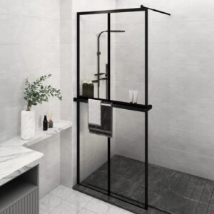Walk-in Shower Wall with Shelf Black 100x195 cm ESG Glass & Aluminium