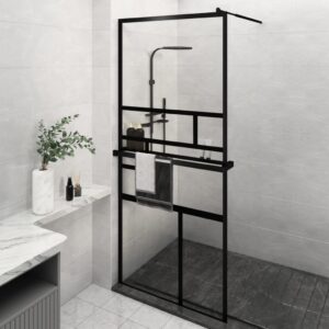 Walk-in Shower Wall with Shelf Black 100x195 cm ESG Glass & Aluminium