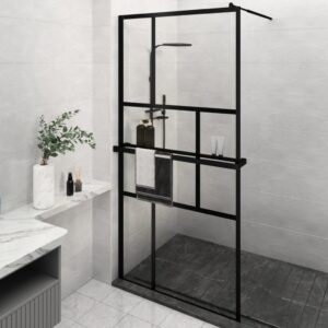 Walk-in Shower Wall with Shelf Black 115x195 cm ESG Glass & Aluminium
