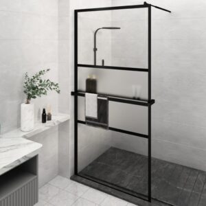 Walk-in Shower Wall with Shelf Black 115x195 cm ESG Glass & Aluminium