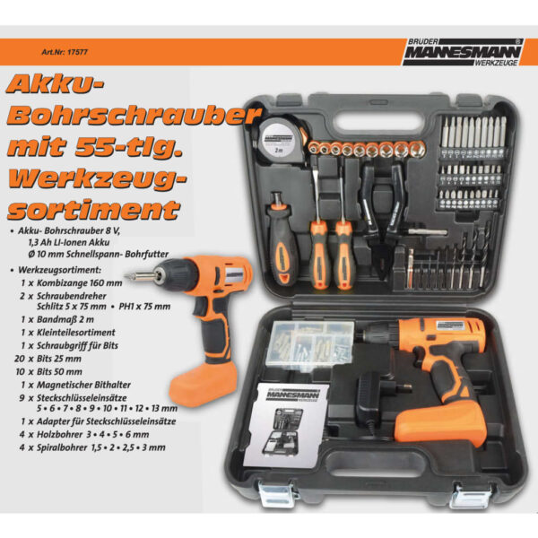 BrA1/4der Mannesmann 55 Piece Cordless Drill Set 8 V 1.3 Ah