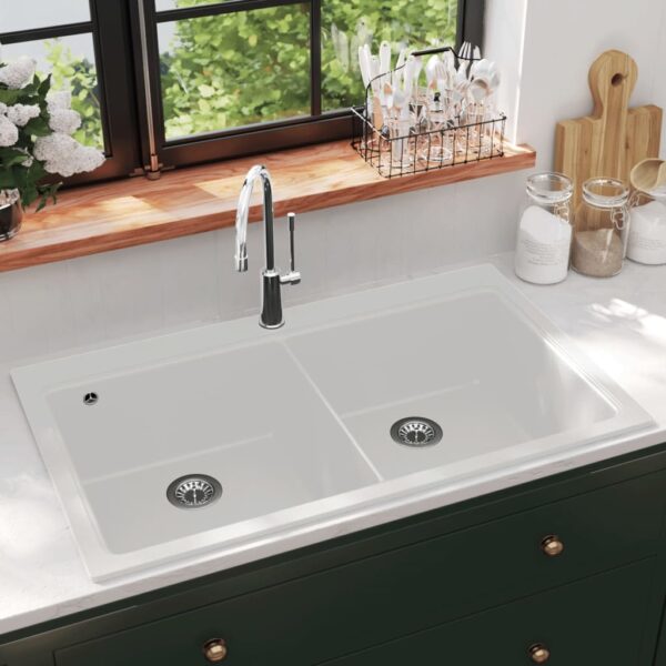 Overmount Kitchen Sink Double Basin Granite White