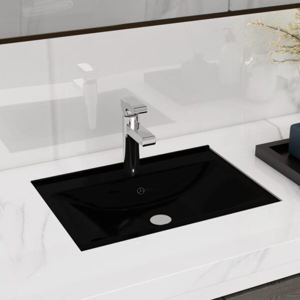Ceramic Bathroom Sink Basin Faucet Overflow Hole Black Rectangular
