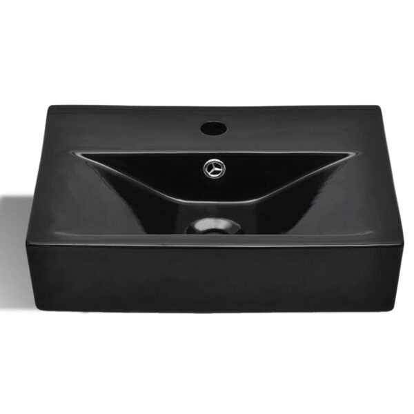 Ceramic Bathroom Sink Basin Faucet Overflow Hole Black Rectangular