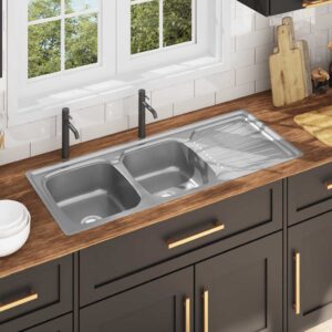 Kitchen Sink Double Basin with Strainer & Trap Stainless Steel