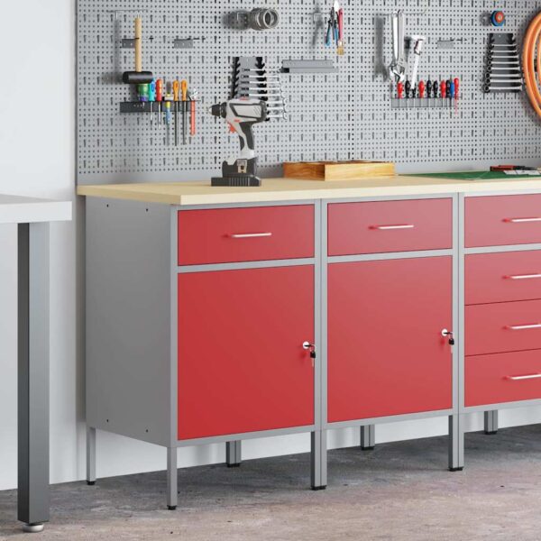 Work Cabinet with Drawer 2 pcs Red and Grey 100 x 55 x 85 cm