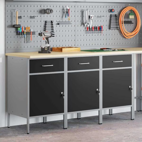Work Cabinet with Drawer 3 pcs Black and Grey 150 x 55 x 85 cm