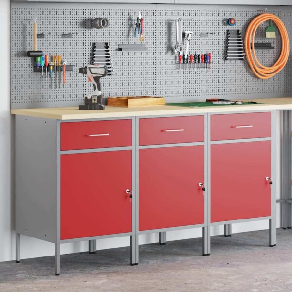 Work Cabinet with Drawer 3 pcs Red and Grey 150 x 55 x 85 cm