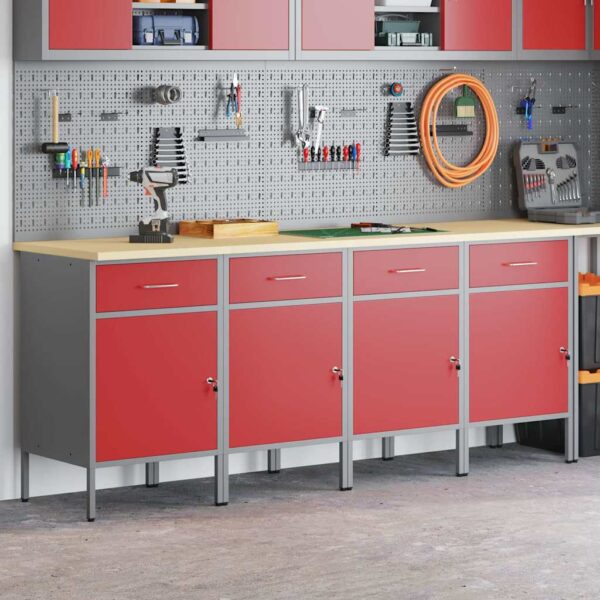 Work Cabinet with Drawer 4 pcs Red and Grey 200 x 55 x 85 cm