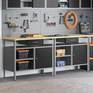 Work Bench Set with Drawer 2 pcs Black 200 x 55 x 85 cm Steel
