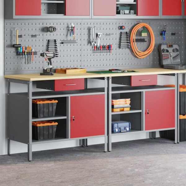 Work Bench Set with Drawer 2 pcs Red 200 x 55 x 85 cm Steel