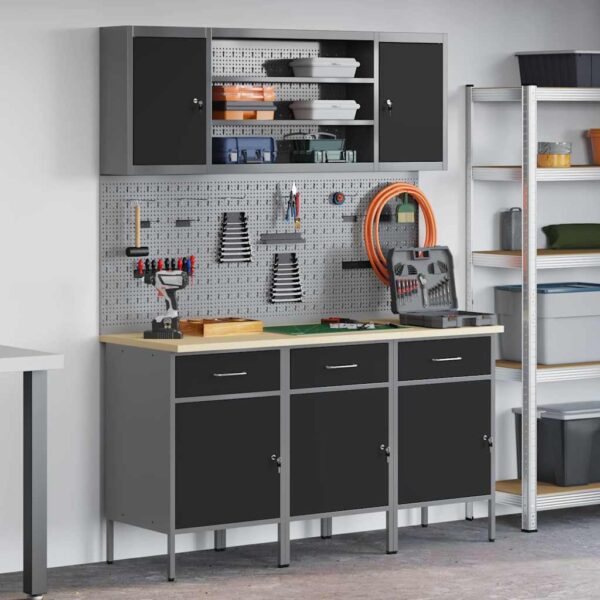 Work Bench with Drawer 7 pcs Black 150 x 55 x 200 cm Steel
