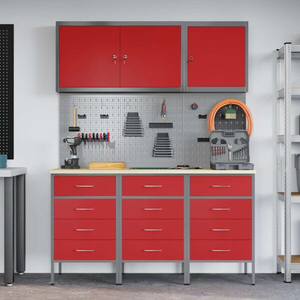 Work Cabinet with Drawer with Lock 8 pcs Red 150 x 55 x 200 cm