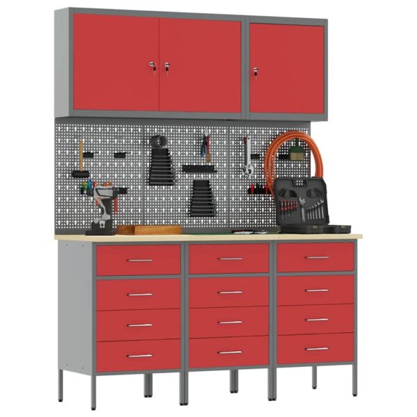 Work Cabinet with Drawer with Lock 8 pcs Red 150 x 55 x 200 cm