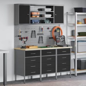 Work Bench with Drawer 7 pcs Black 150 x 55 x 200 cm Steel