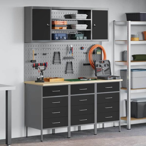 Work Bench with Drawer 7 pcs Black 150 x 55 x 200 cm Steel