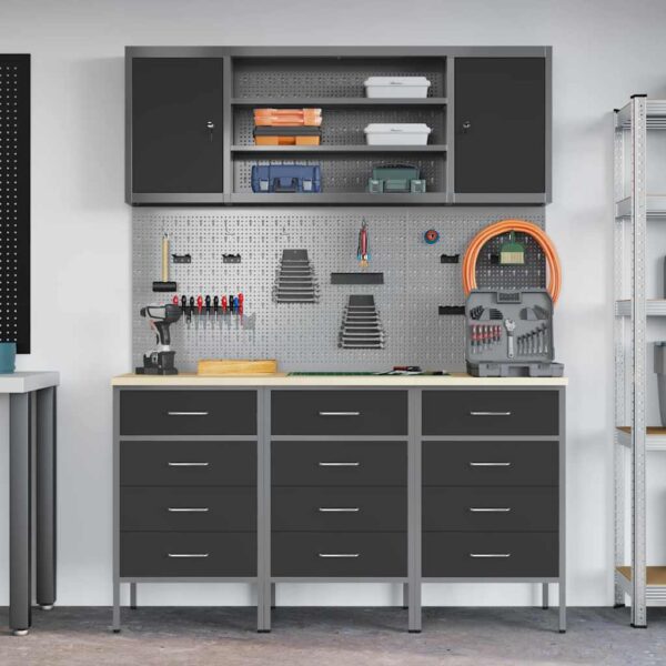 Work Bench with Drawer 7 pcs Black 150 x 55 x 200 cm Steel