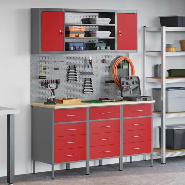 Work Bench with Drawer 7 pcs Red 150 x 55 x 200 cm Steel