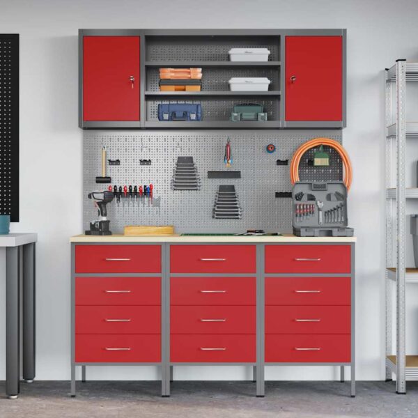 Work Bench with Drawer 7 pcs Red 150 x 55 x 200 cm Steel