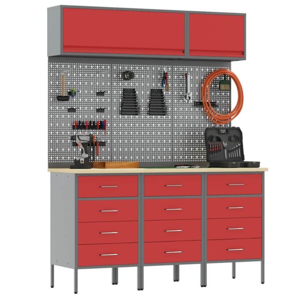 Work Bench with Drawer 8 pcs Red 150 x 55 x 200 cm Steel