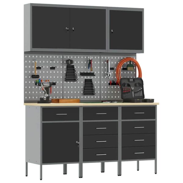 Work Bench with Drawer 8 pcs Black 150 x 55 x 200 cm Steel
