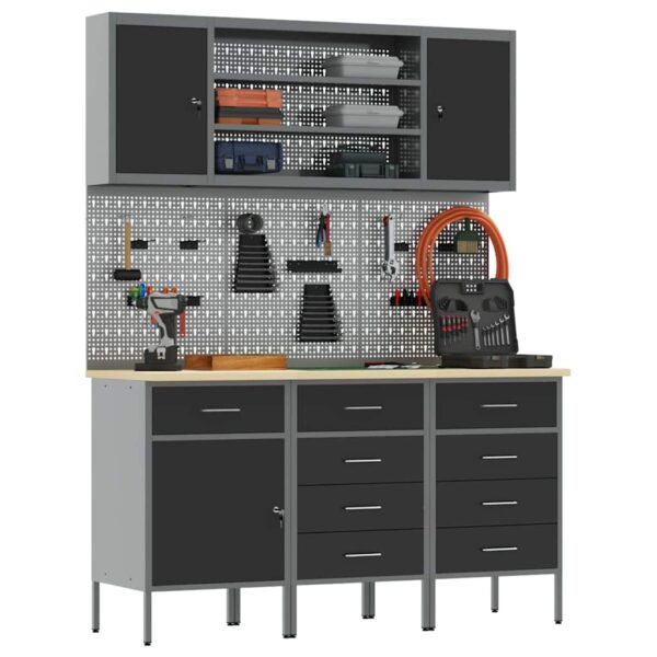 Work Bench with Drawer 7 pcs Black 150 x 55 x 200 cm Steel