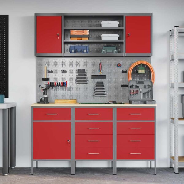 Work Bench with Drawer 7 pcs Red 150 x 55 x 200 cm Steel