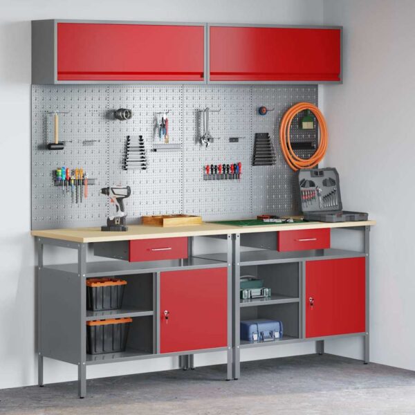Work Bench Set with Drawer 8 pcs Red 200 x 55 x 200 cm Steel