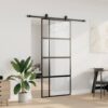 Sliding Door with Hardware Set Black 90x205 cm Tempered Glass