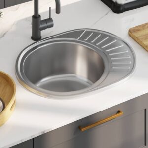 Kitchen Sink with Strainer and Trap Oval Stainless Steel