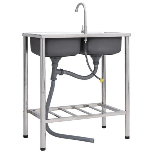 Camping Sink Double Basins with Tap Stainless Steel