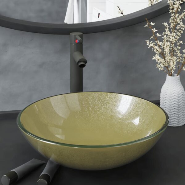 Bathroom Sink with Tap and Push Drain Gold Tempered Glass