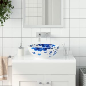 Countertop Basin White and Blue Round Î¦41x14 cm Ceramic