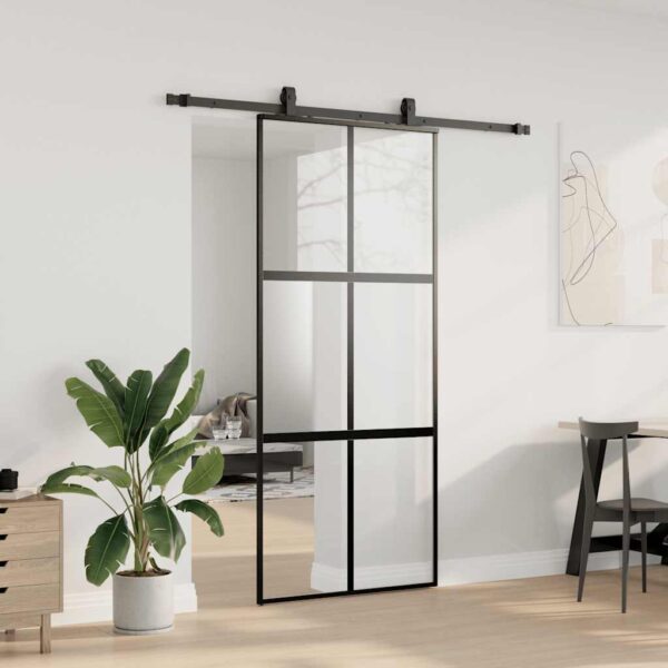Sliding Door with Hardware Set Black 90x205 cm Tempered Glass