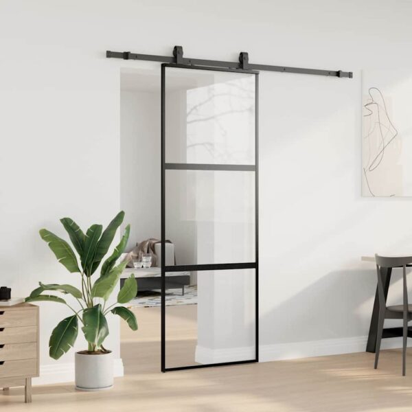 Sliding Door with Hardware Set Black 76x205 cm Tempered Glass