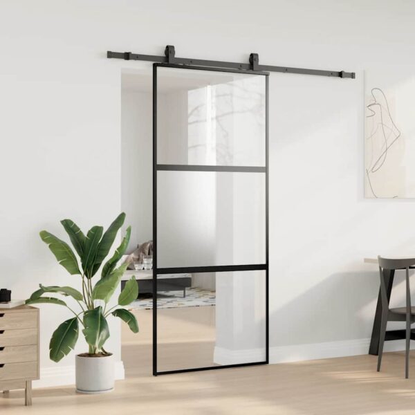 Sliding Door with Hardware Set Black 90x205 cm Tempered Glass