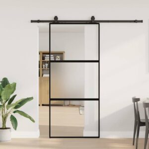 Sliding Door with Hardware Set Black 90x205 cm Tempered Glass
