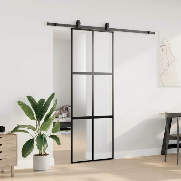 Sliding Door with Hardware Set Black 76x205 cm Tempered Glass
