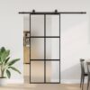 Sliding Door with Hardware Set Black 90x205 cm Tempered Glass
