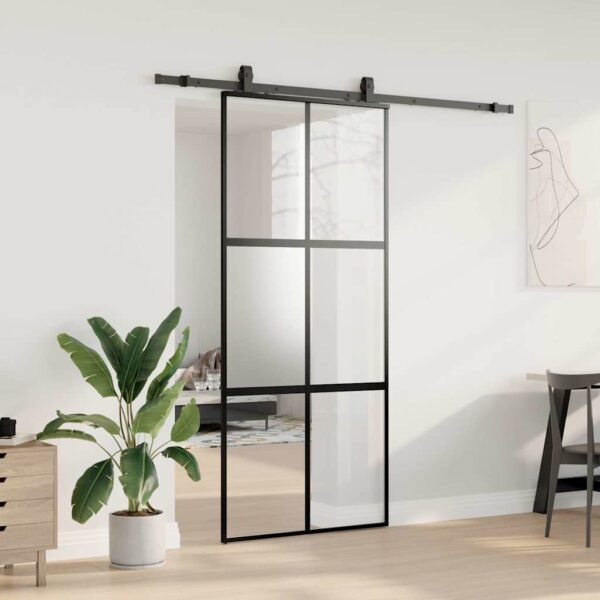Sliding Door with Hardware Set Black 90x205 cm Tempered Glass