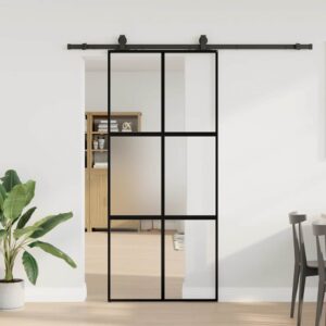 Sliding Door with Hardware Set Black 90x205 cm Tempered Glass