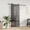 Sliding Door with Hardware Set Black 90x205 cm Tempered Glass