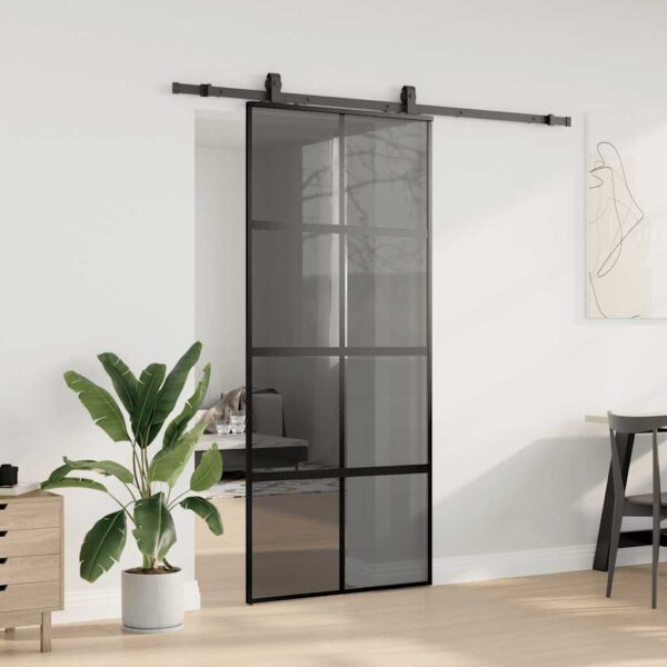 Sliding Door with Hardware Set Black 90x205 cm Tempered Glass